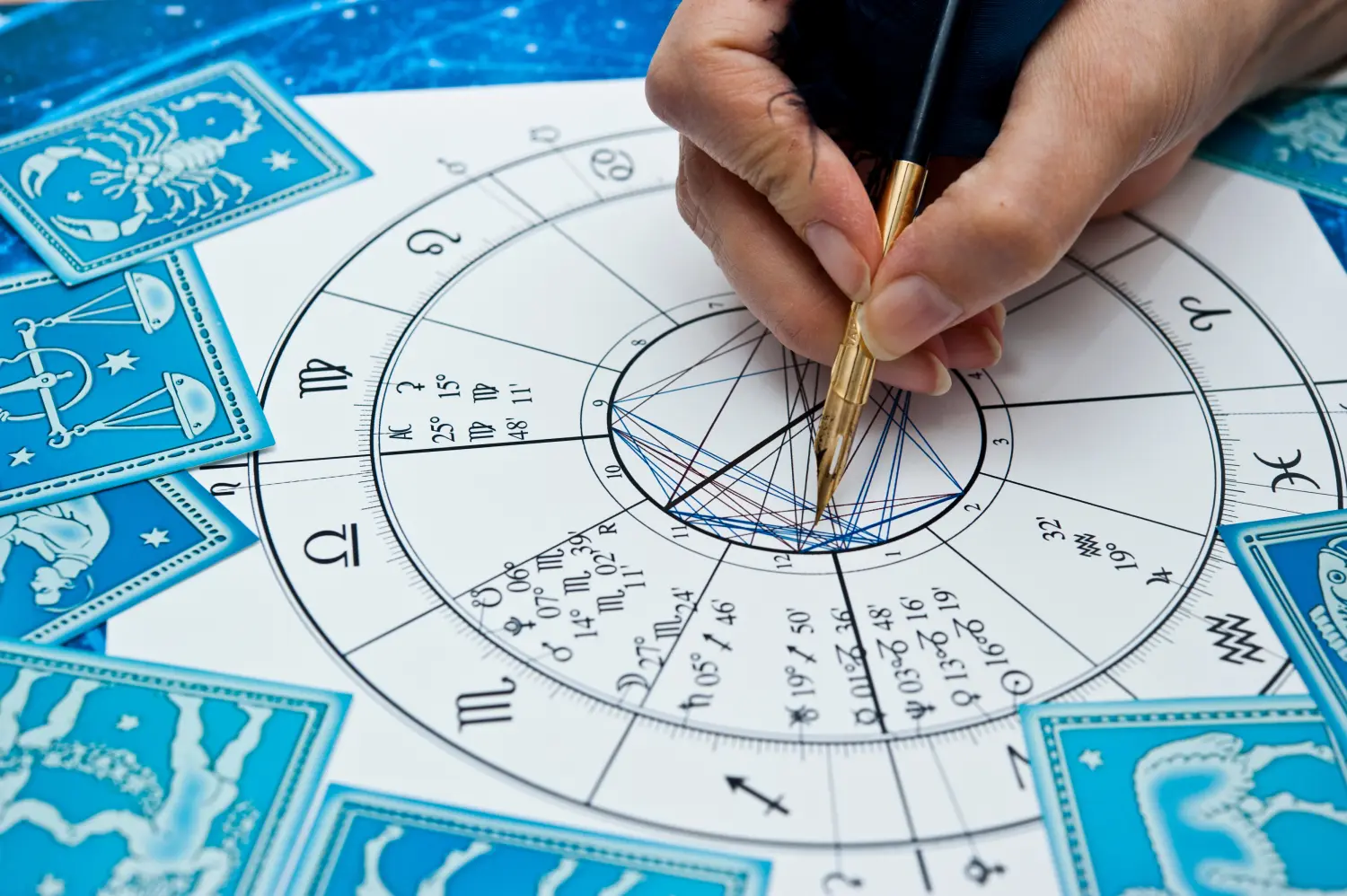 Astrologe Wahrsager mit Federkiel, Horoskop, Tierkreis wie Astrologie Konzept