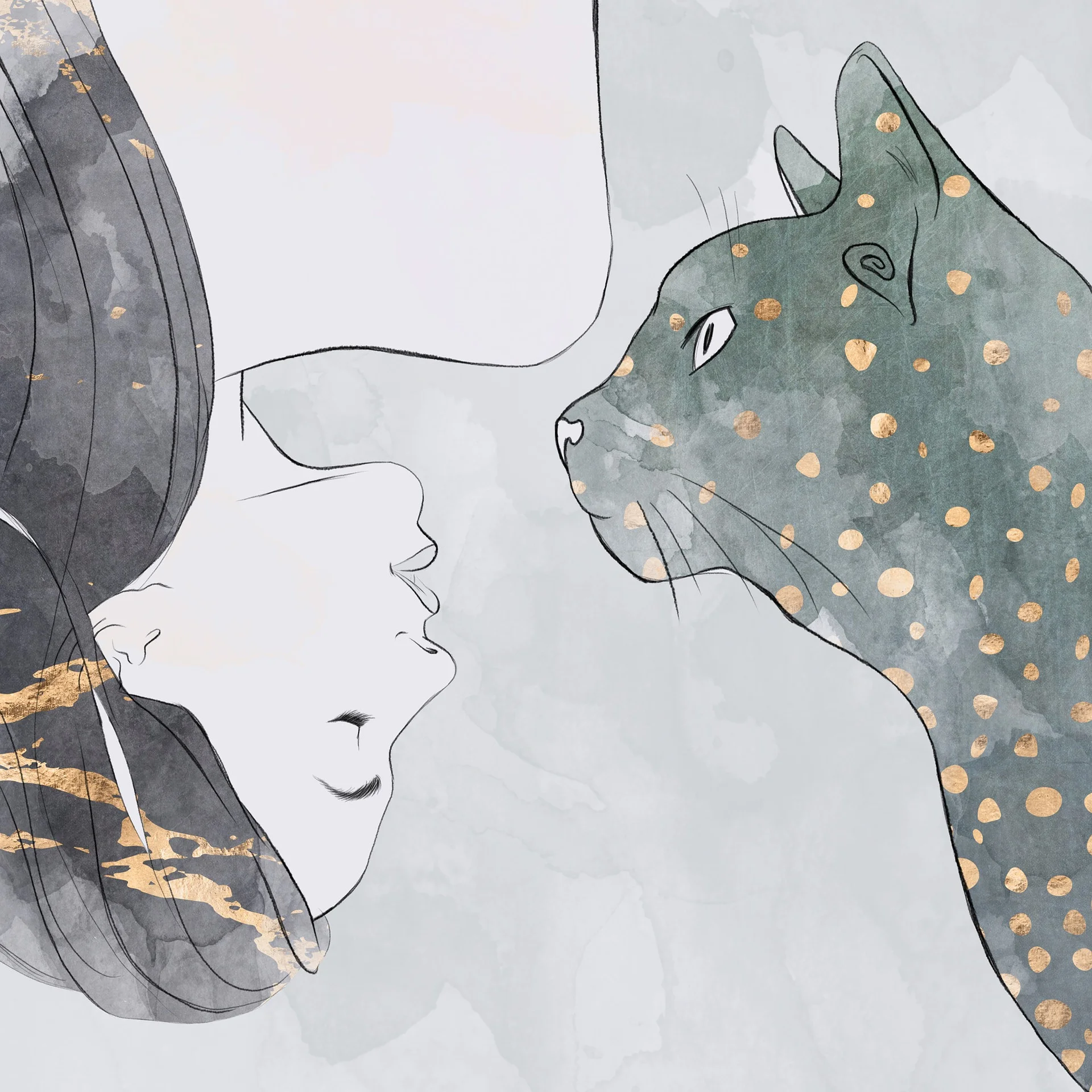 Astro-Farber _ Zeichnung einer Dame und einer Katze auf einer Karte